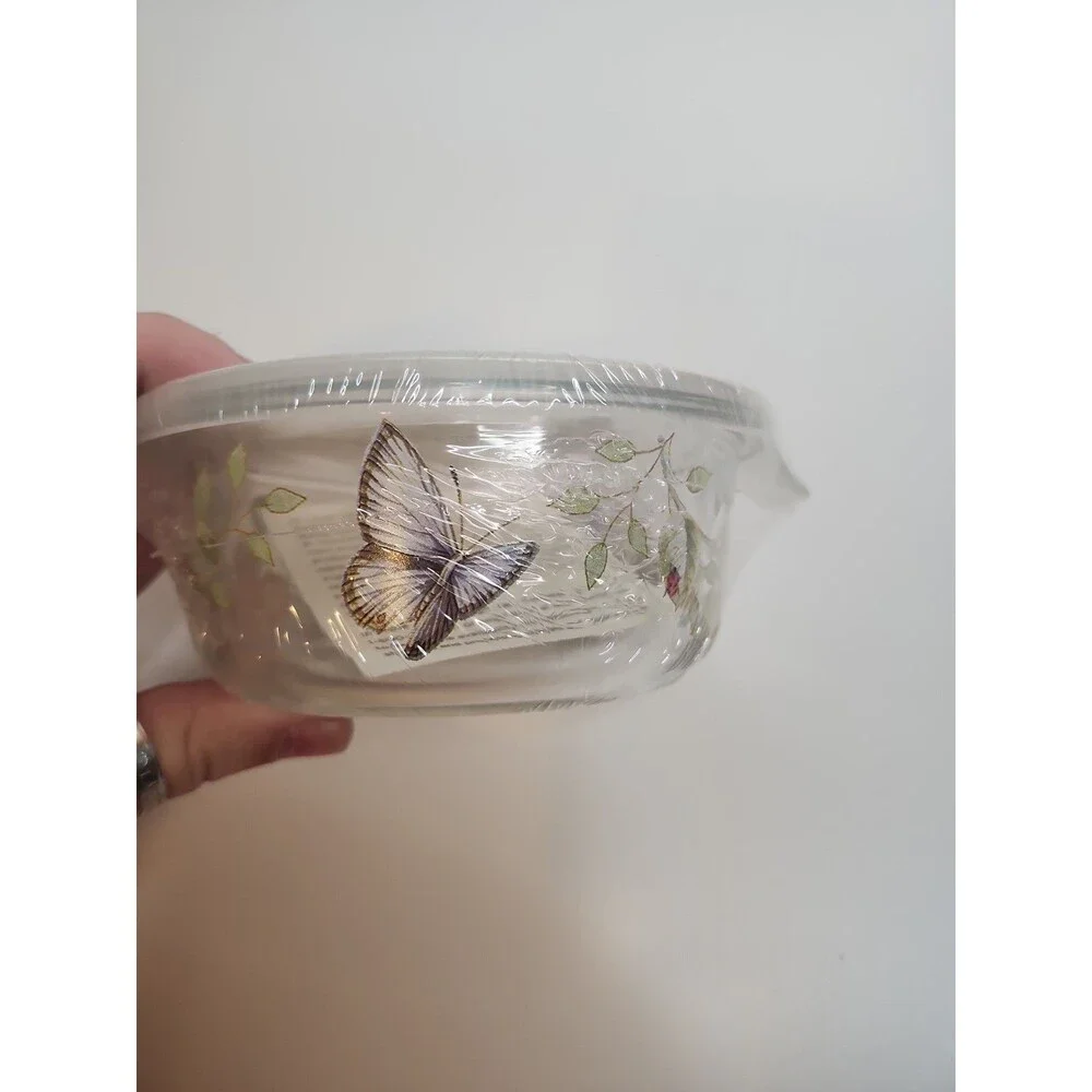 Lenox Butterfly Meadow Round Food Storage Container 13.5 oz Glass W/ Lid Sealed